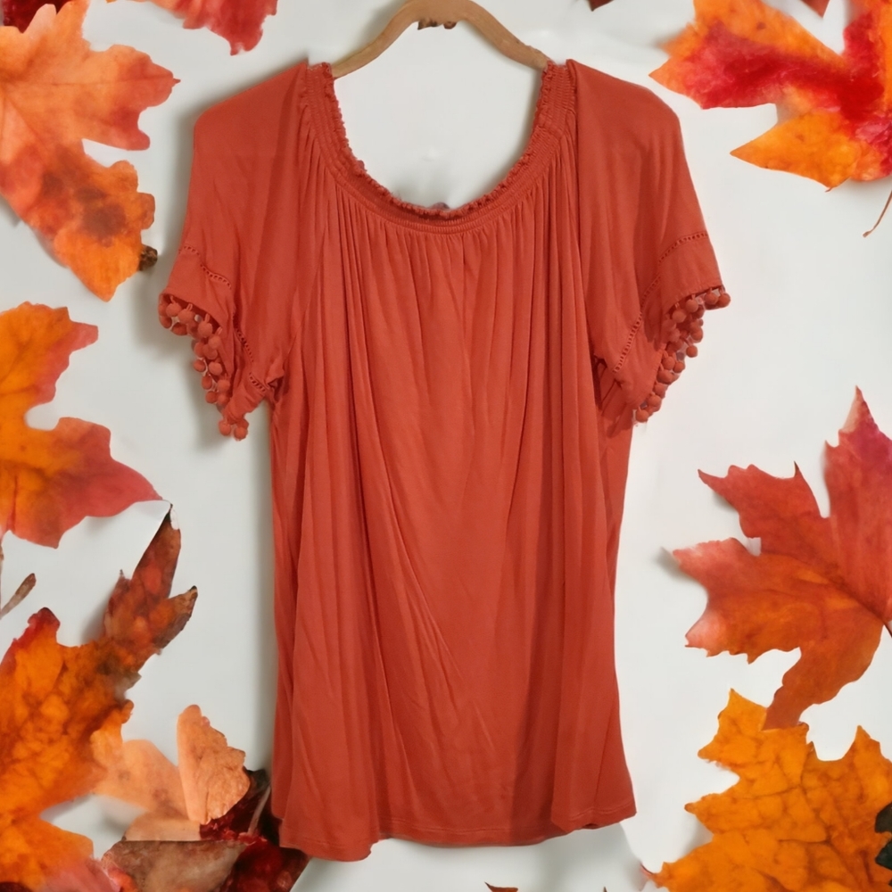 Salmon-Orange Blouse w Pom Pom Sleeves